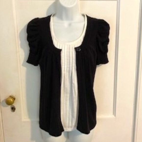 INC Black Knit Sweater w/ Puff Sleeves & Attached White Faux Cotton Top, Size P - Picture 1 of 4